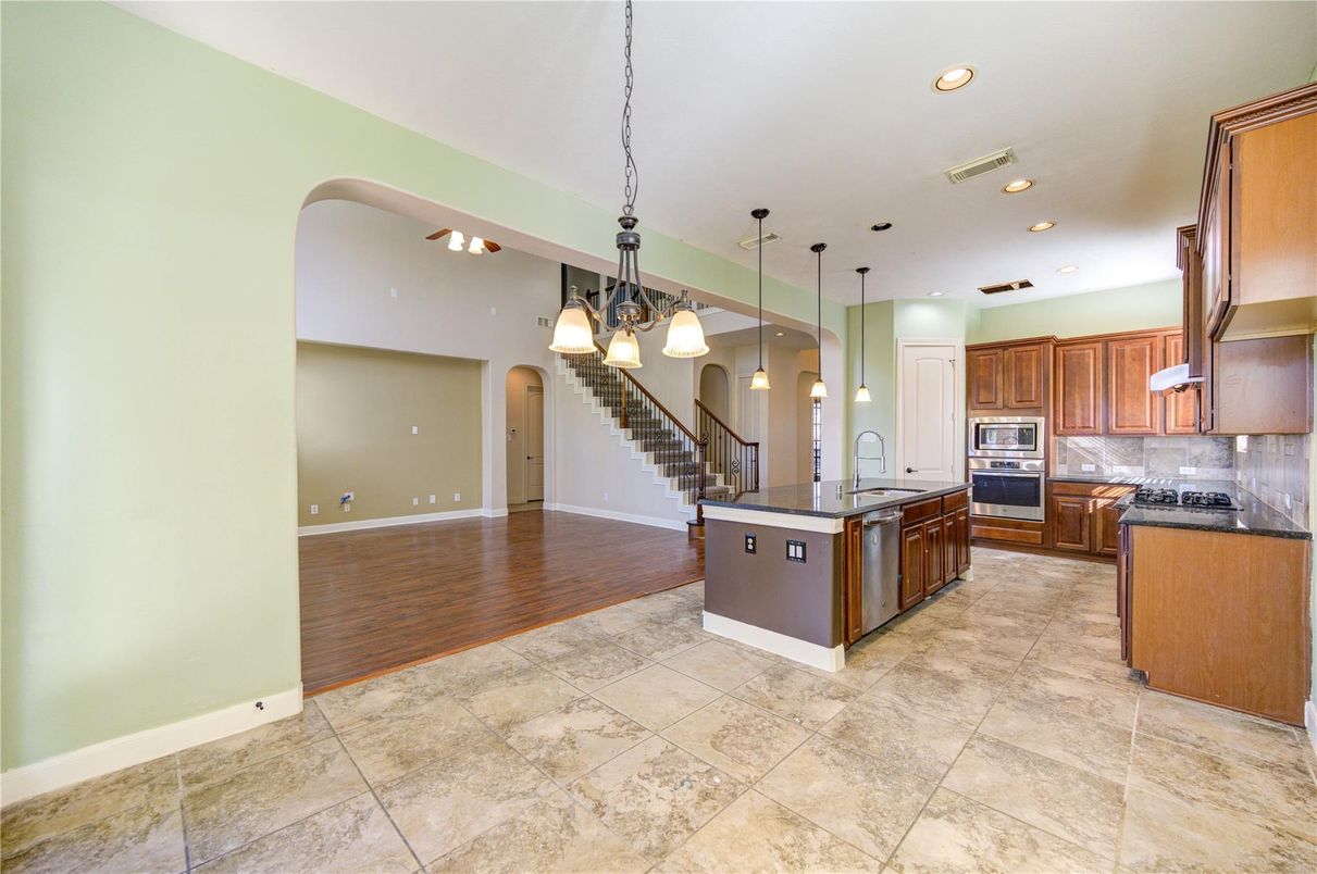 Chandelier, Interior, Kitchen, Pendant Lights, Recessed Lighting, Wood Texture Flooring