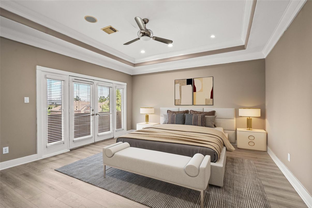 Bedroom, Interior, Recessed Lighting, Wood Texture Flooring