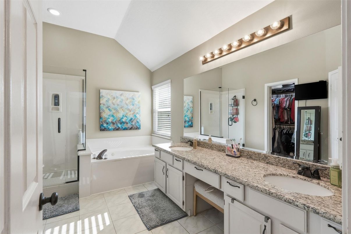 Bathroom, Dual Sink Vanities, Glass Shower, Interior, Recessed Lighting