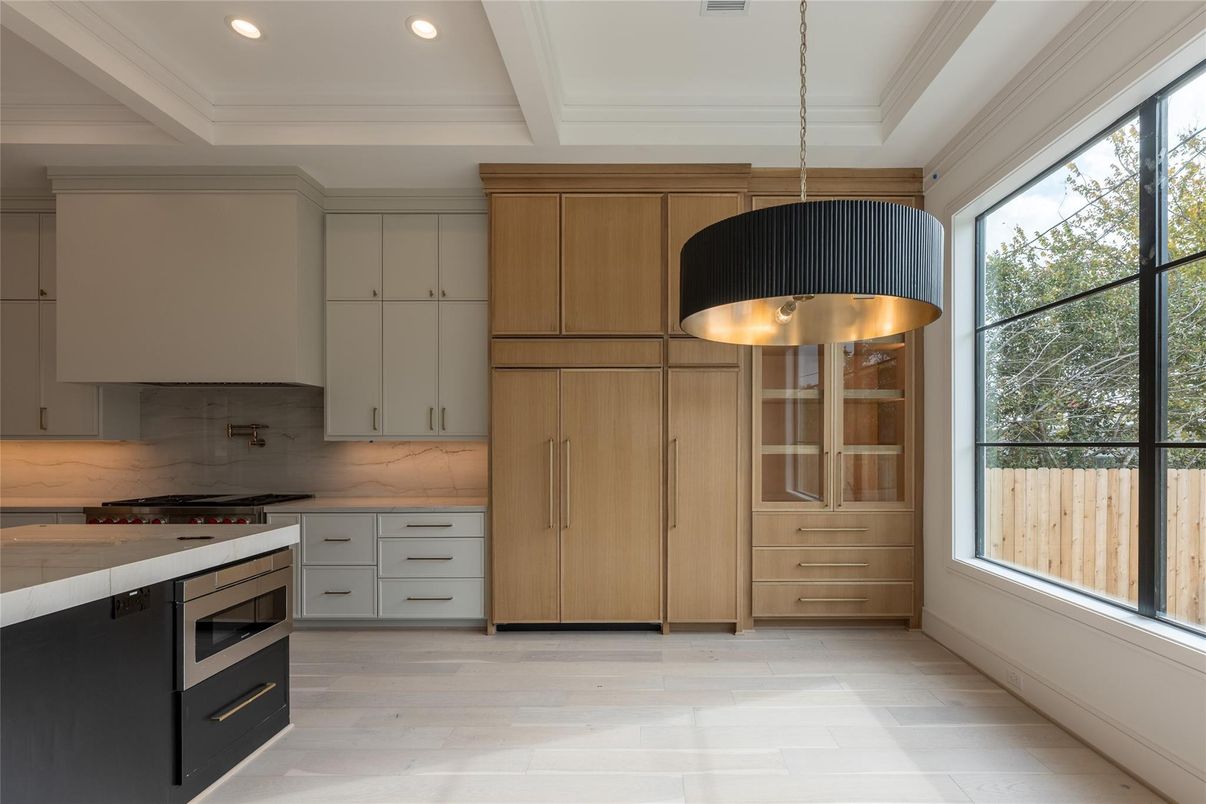 Interior, Kitchen, Pendant Lights, Recessed Lighting, Stainless Steel Appliances, Wood Texture Flooring
