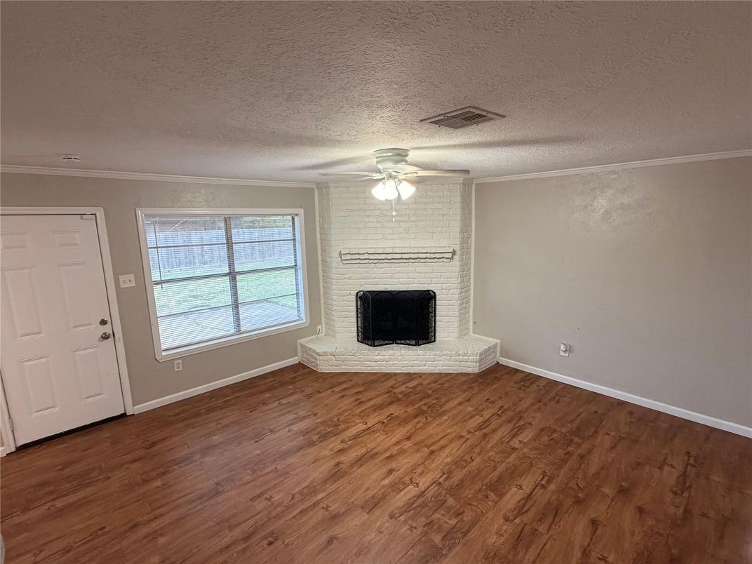 Empty room, Fireplace, Interior, Stone Walls, Wood Texture Flooring