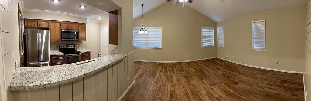 Interior, Kitchen, Pendant Lights, Recessed Lighting, Stainless Steel Appliances, Wood Texture Flooring