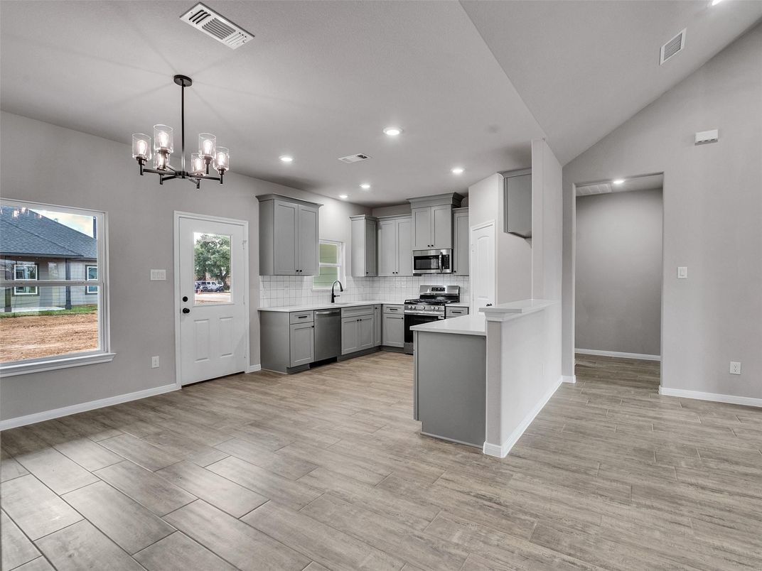 Chandelier, Interior, Kitchen, Pendant Lights, Recessed Lighting, Wood Texture Flooring