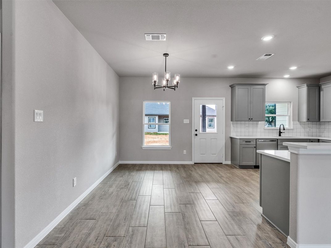 Chandelier, Interior, Kitchen, Recessed Lighting, Wood Texture Flooring