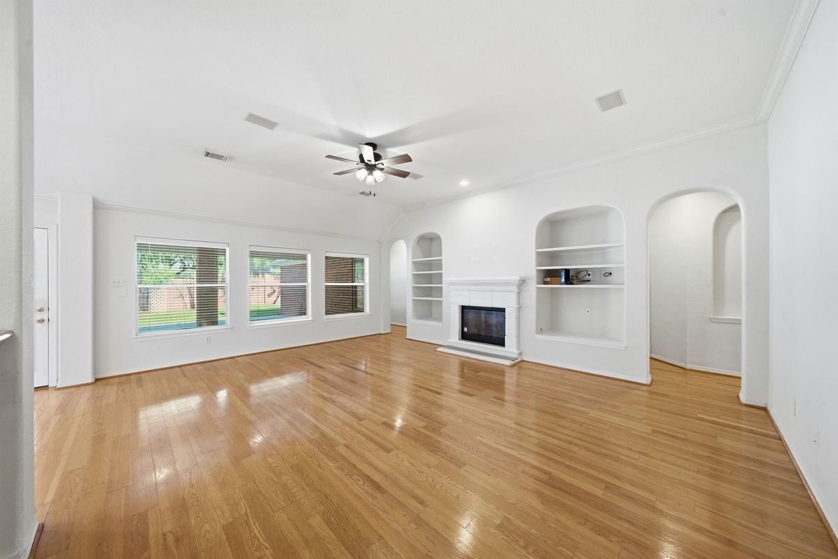 Empty room, Fireplace, Interior, Recessed Lighting, Wood Texture Flooring
