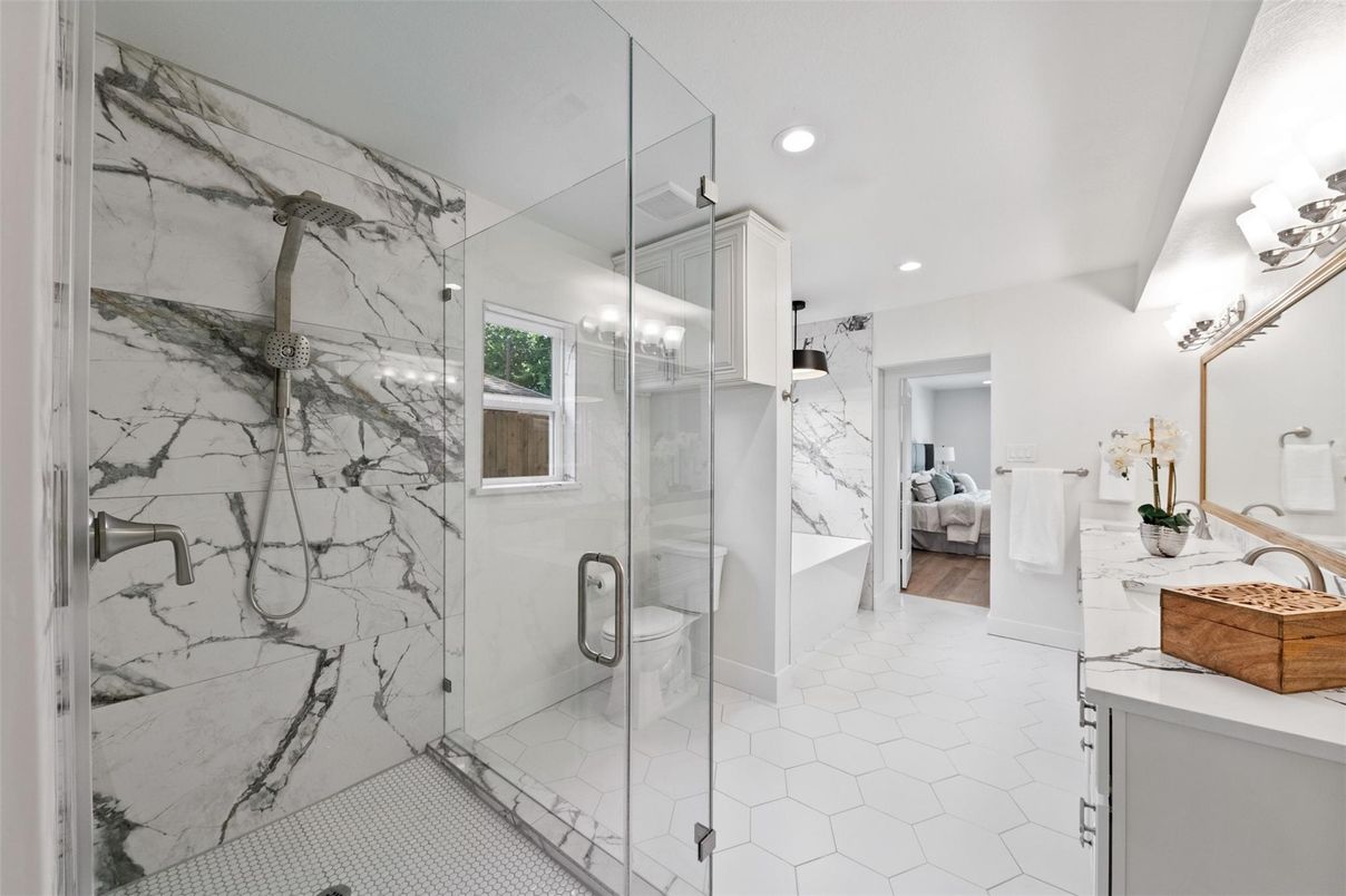 Bathroom, Bedroom, Glass Shower, Interior, Marble Walls, Recessed Lighting