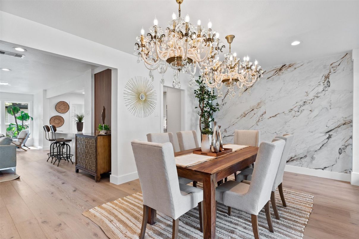 Chandelier, Dining room, Interior, Marble Walls, Recessed Lighting, Wood Texture Flooring
