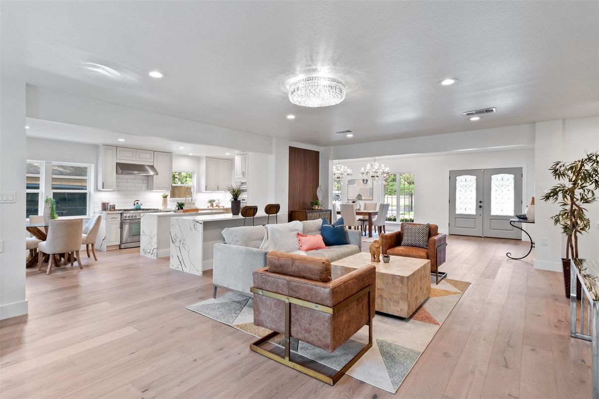 Chandelier, Dining room, Interior, Kitchen, Living room, Recessed Lighting, Stainless Steel Appliances, Wood Texture Flooring