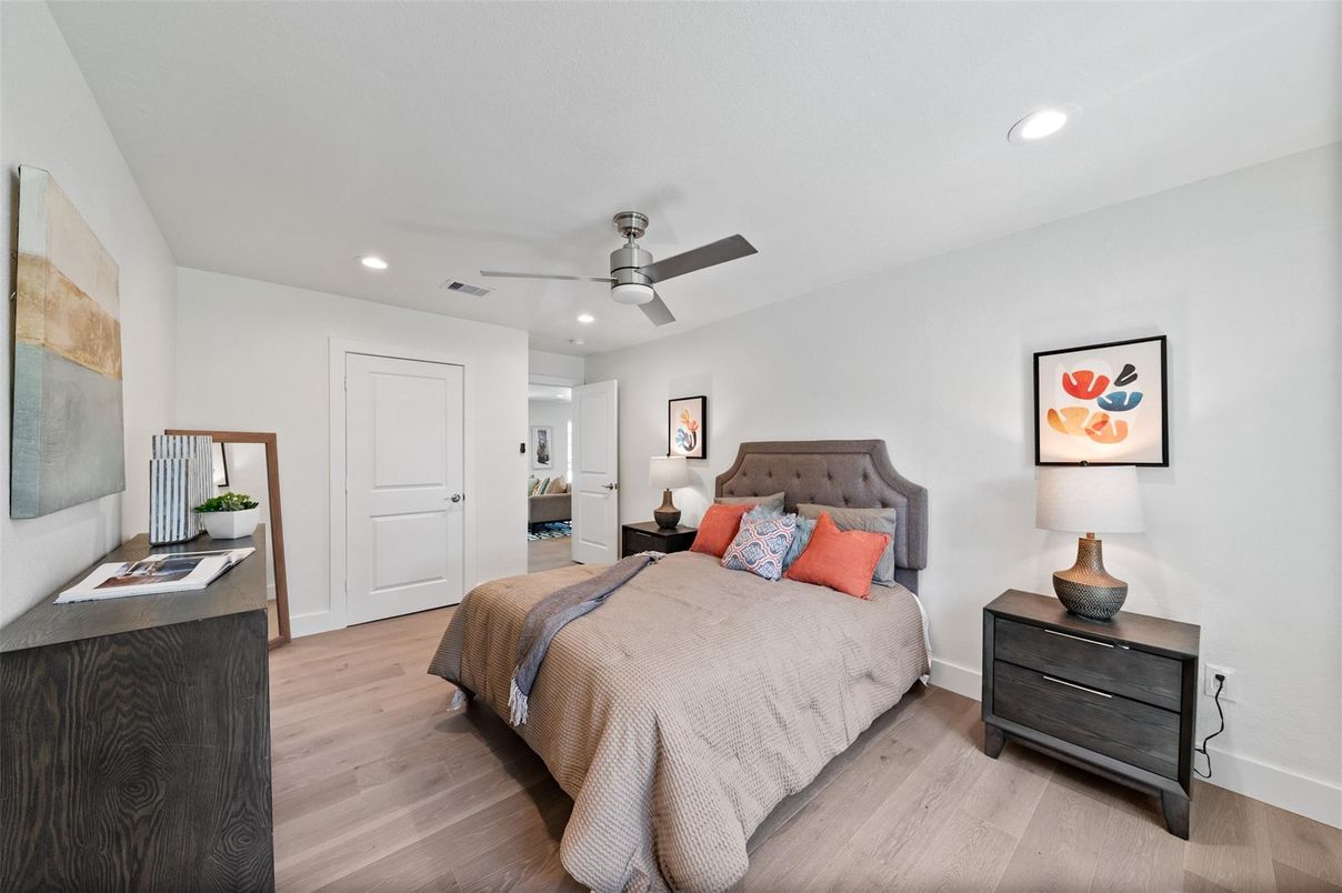 Bedroom, Interior, Recessed Lighting, Wood Texture Flooring