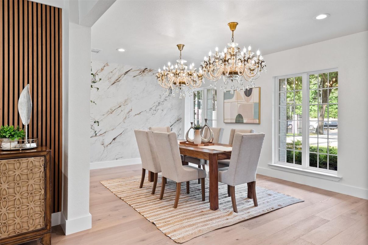 Chandelier, Dining room, Interior, Marble Walls, Recessed Lighting, Wood Texture Flooring