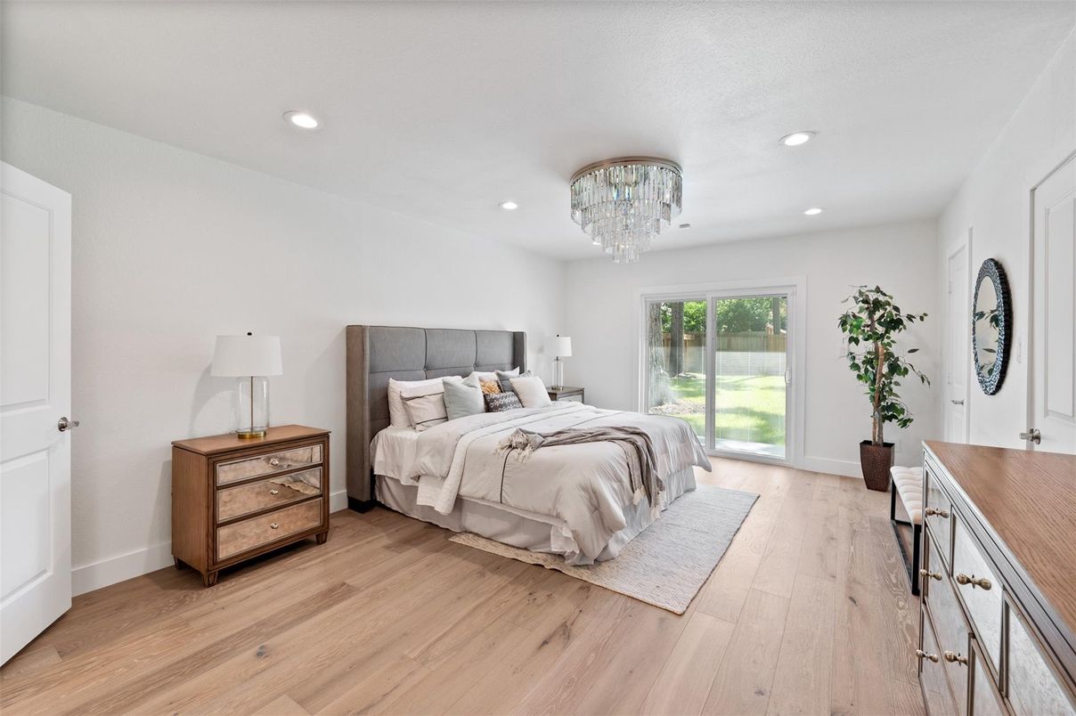 Bedroom, Chandelier, Interior, Recessed Lighting, Wood Texture Flooring