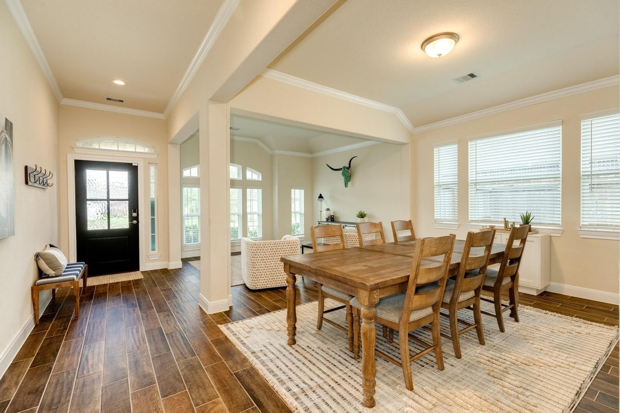 Dining room, Interior, Recessed Lighting, Wood Texture Flooring