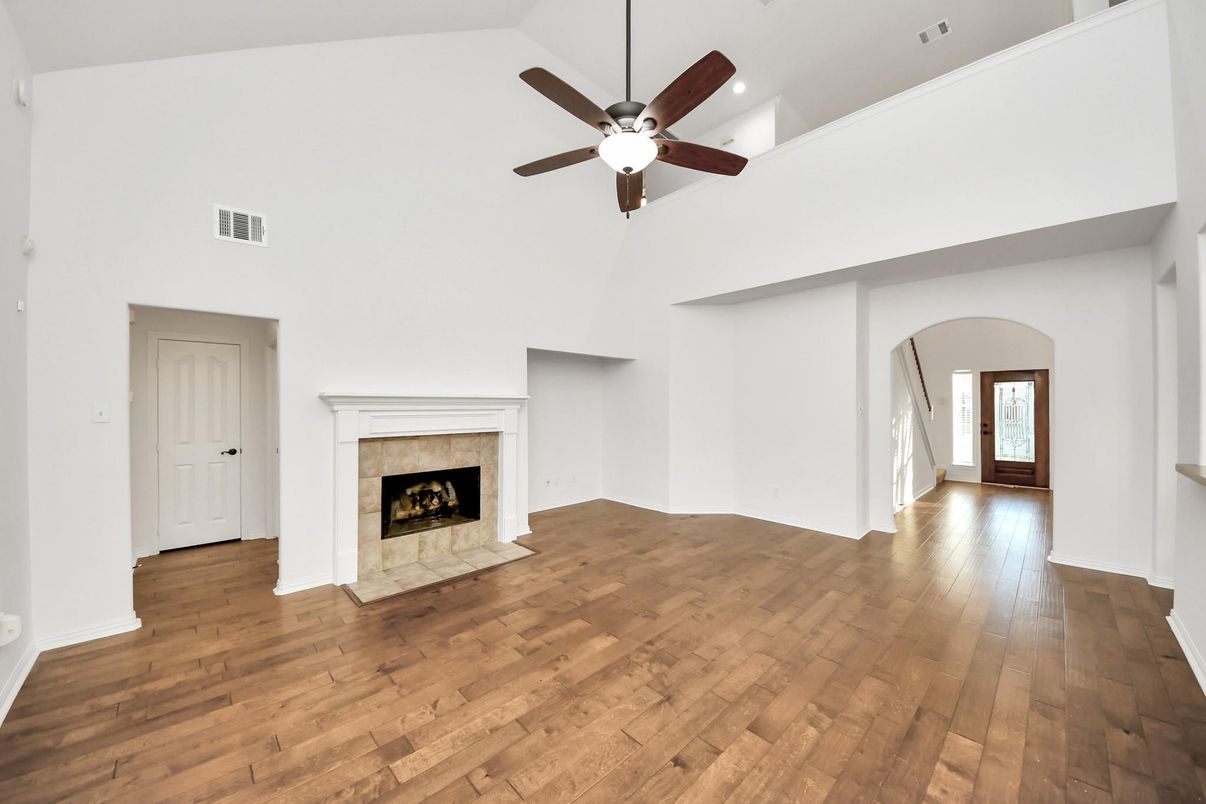 Empty room, Fireplace, Interior, Recessed Lighting, Wood Texture Flooring