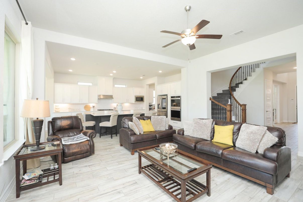 Dining room, Interior, Kitchen, Living room, Recessed Lighting, Stainless Steel Appliances, Wood Texture Flooring