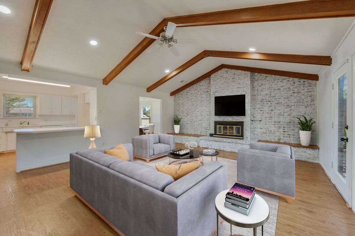 Fireplace, Interior, Kitchen, Living room, Recessed Lighting, Stone Walls, Wooden Beams, Wood Texture Flooring