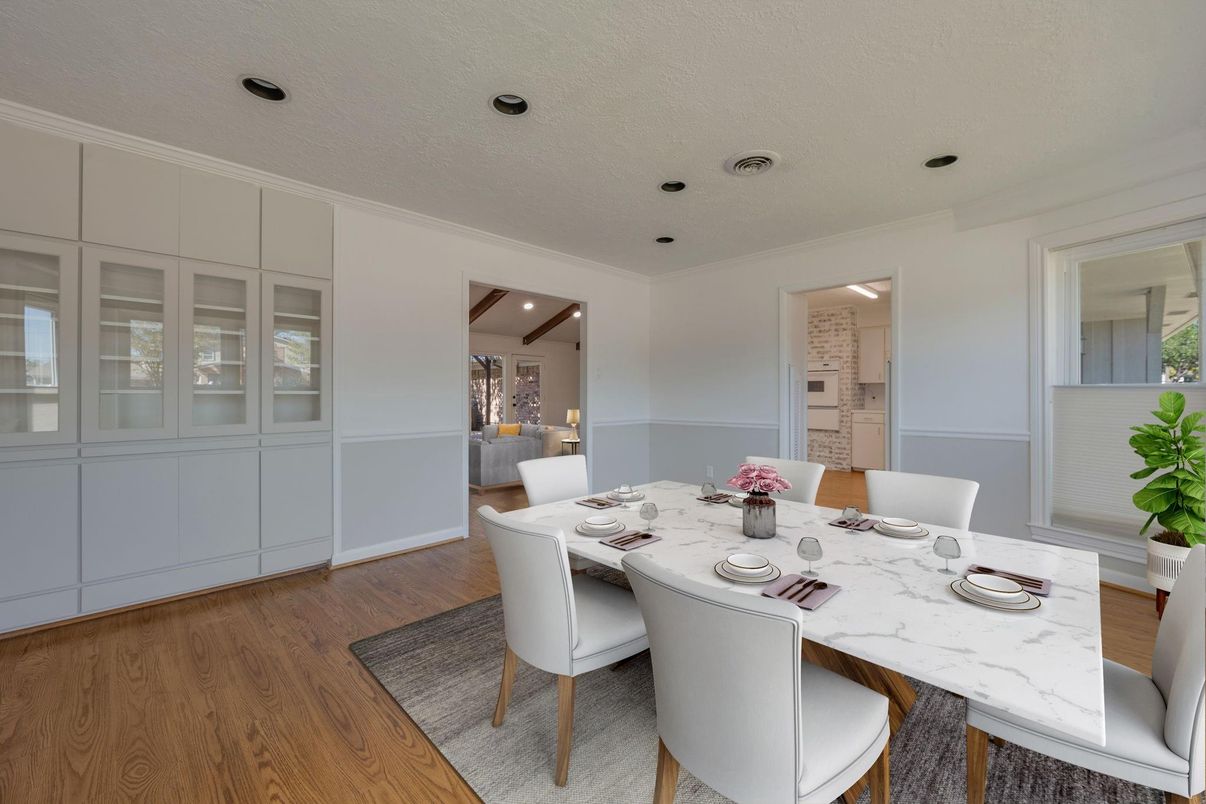 Dining room, Interior, Recessed Lighting, Wood Texture Flooring