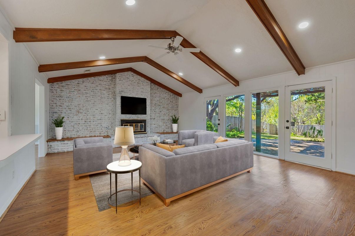 Fireplace, Interior, Living room, Recessed Lighting, Stone Walls, Wooden Beams, Wood Texture Flooring