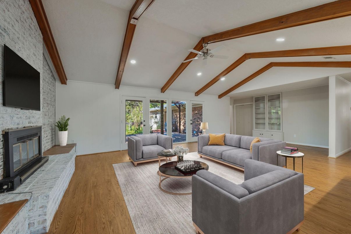 Fireplace, Interior, Living room, Recessed Lighting, Wooden Beams, Wood Texture Flooring