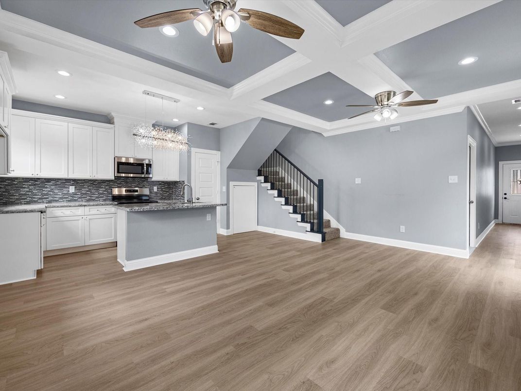 Chandelier, Interior, Kitchen, Recessed Lighting, Stainless Steel Appliances, Wood Texture Flooring