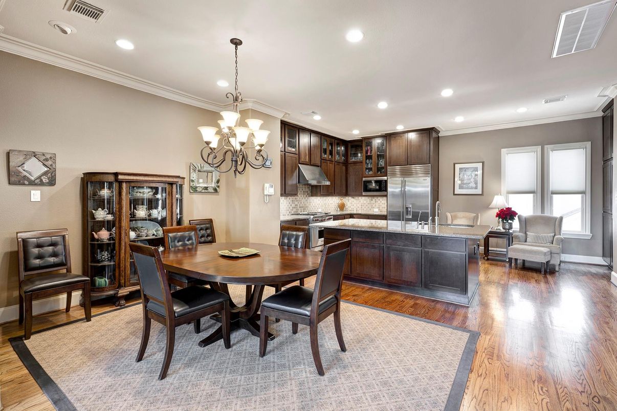 Chandelier, Dining room, Interior, Kitchen, Living room, Recessed Lighting, Stainless Steel Appliances, Wood Texture Flooring