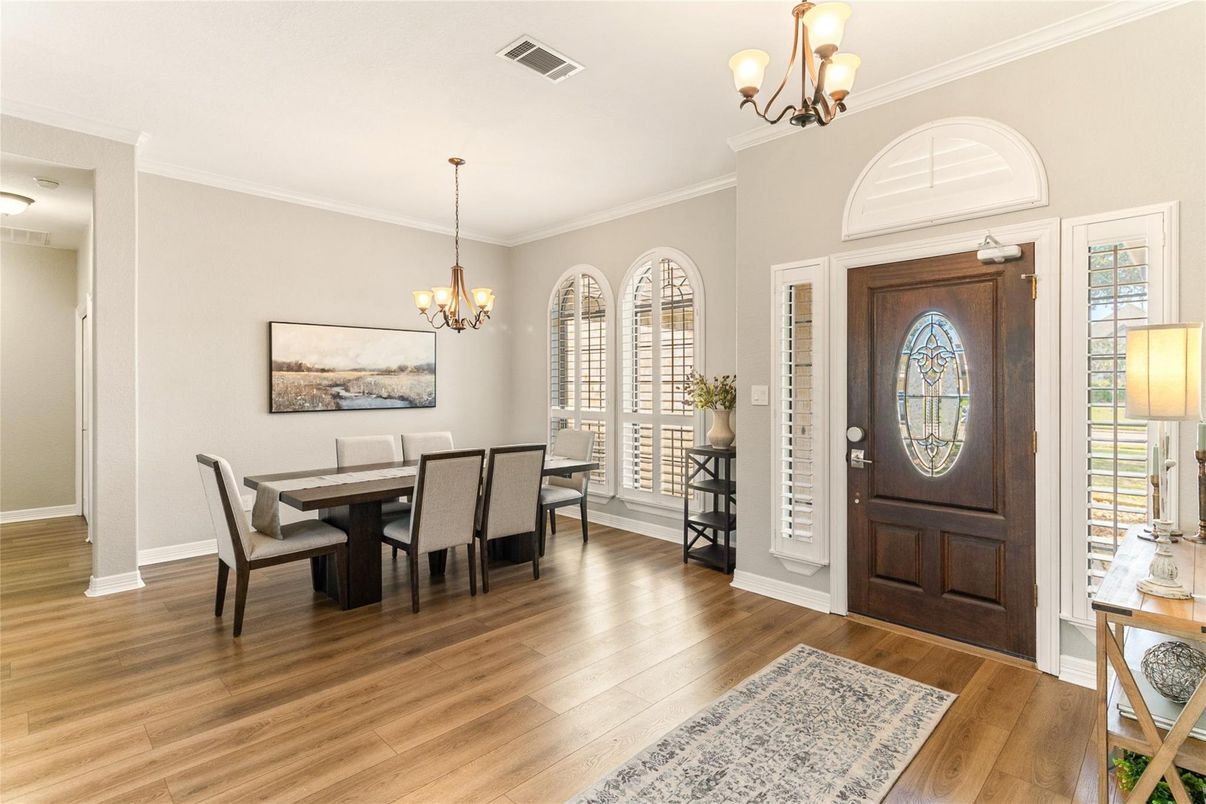 Chandelier, Dining room, Interior, Wood Texture Flooring