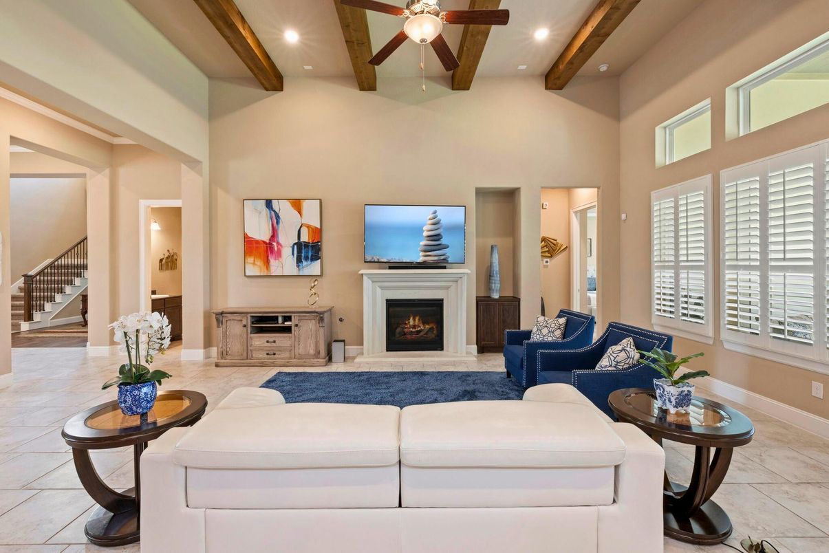 Fireplace, Interior, Living room, Recessed Lighting, Wooden Beams