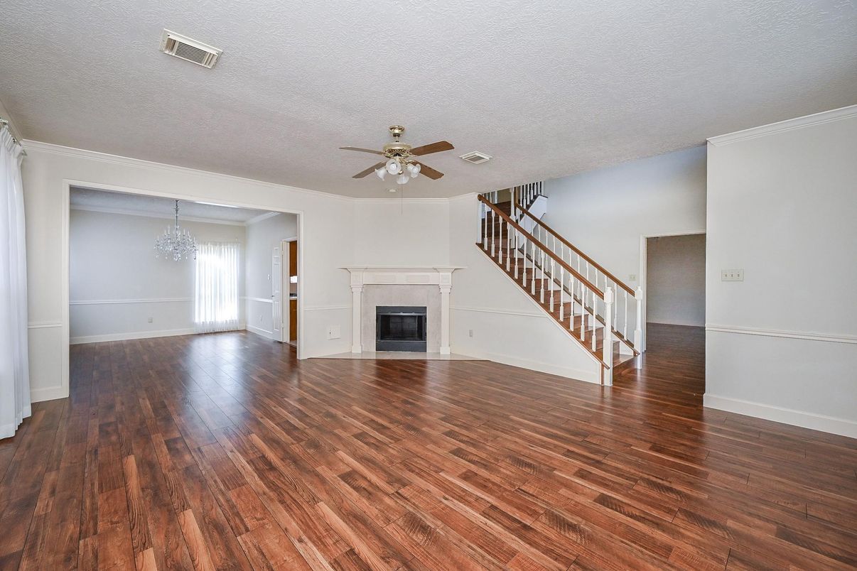 Chandelier, Empty room, Fireplace, Interior, Wood Texture Flooring