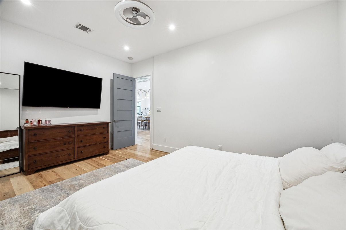 Bedroom, Interior, Recessed Lighting, Wood Texture Flooring