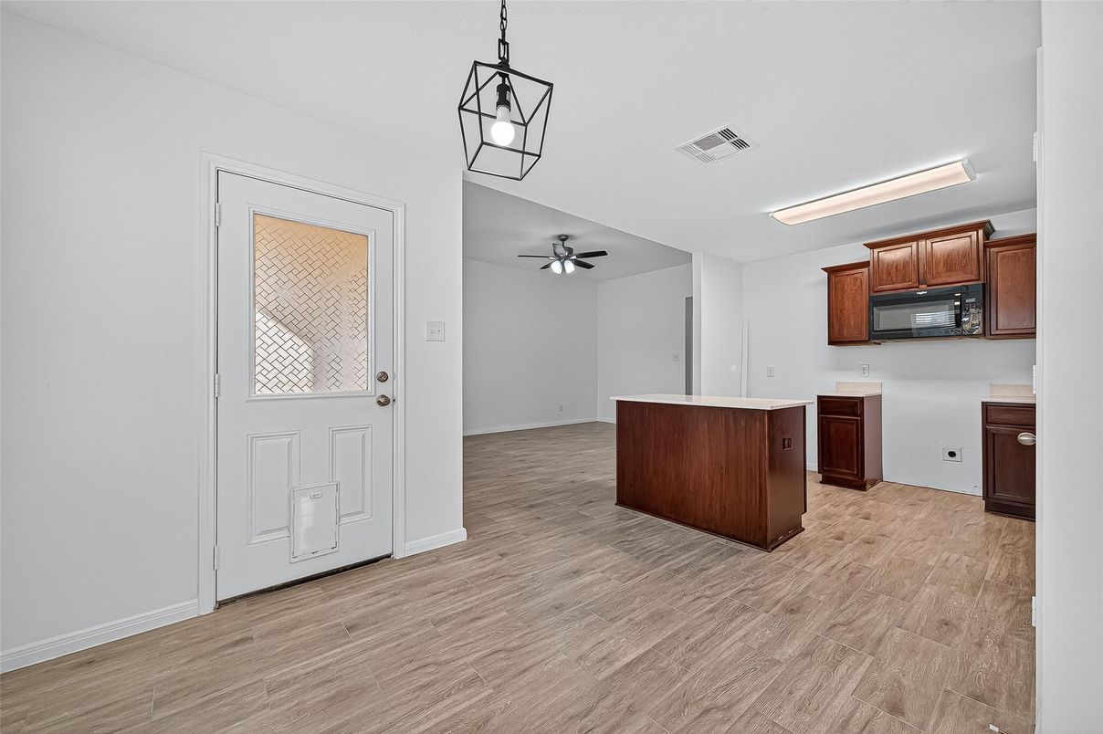 Interior, Kitchen, Pendant Lights, Wood Texture Flooring