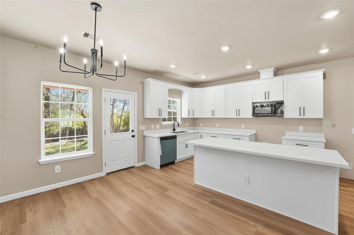 Chandelier, Interior, Kitchen, Recessed Lighting, Wood Texture Flooring