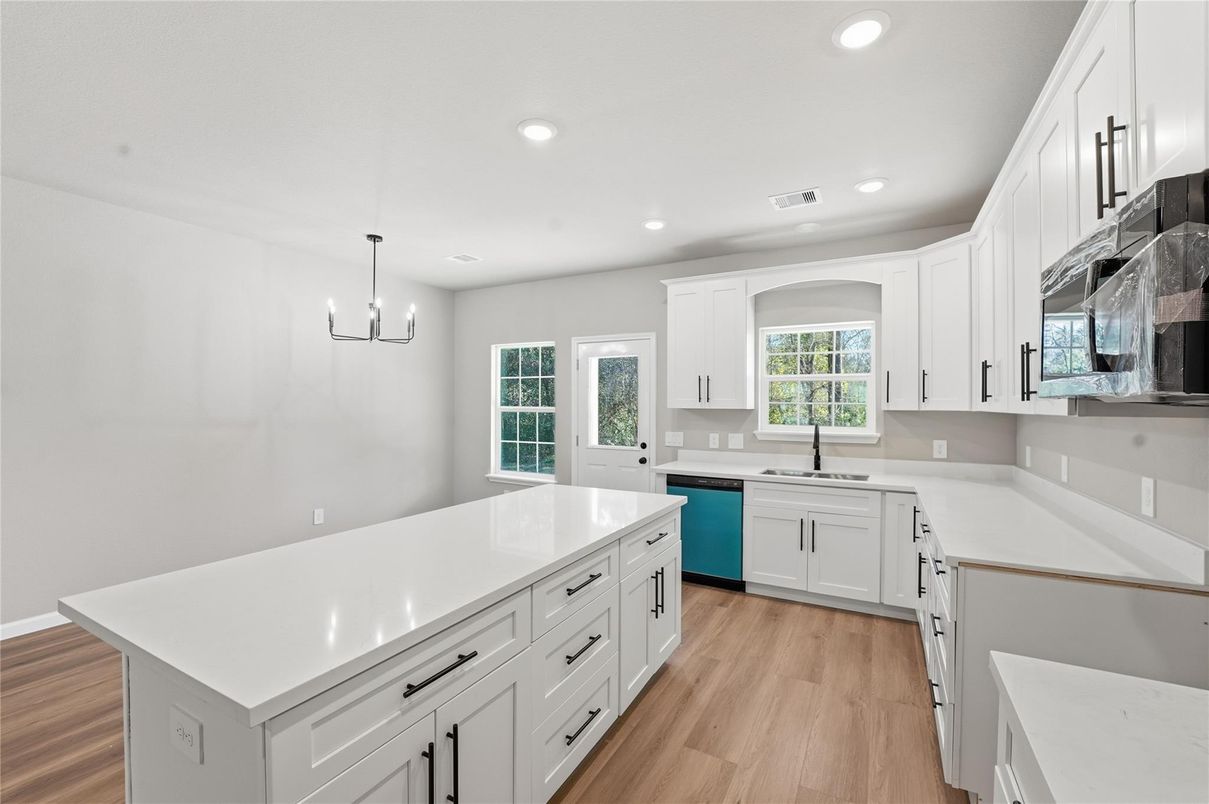 Interior, Kitchen, Pendant Lights, Recessed Lighting, Wood Texture Flooring