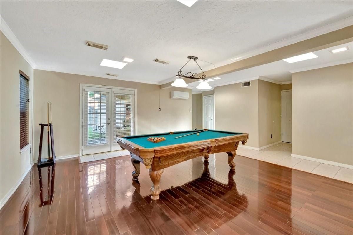 Billiard Table, Game Room, Interior, Pendant Lights, Recessed Lighting, Wood Texture Flooring