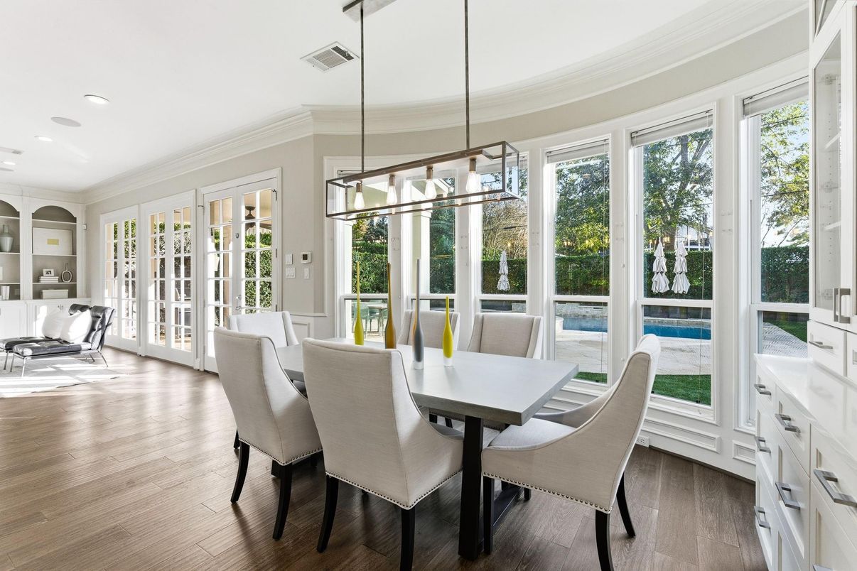 Dining room, Interior, Pendant Lights, Recessed Lighting, Wood Texture Flooring
