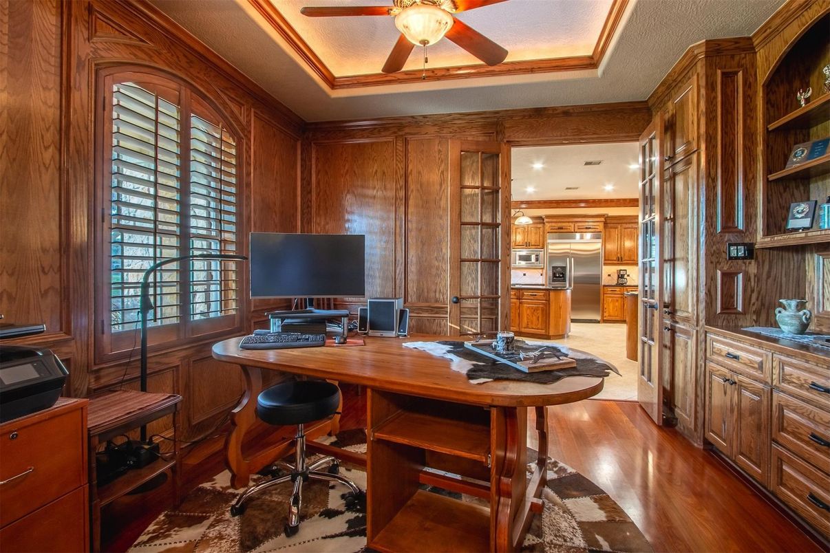 Home Office, Interior, Kitchen, Recessed Lighting, Wood Texture Flooring, Wooden Walls