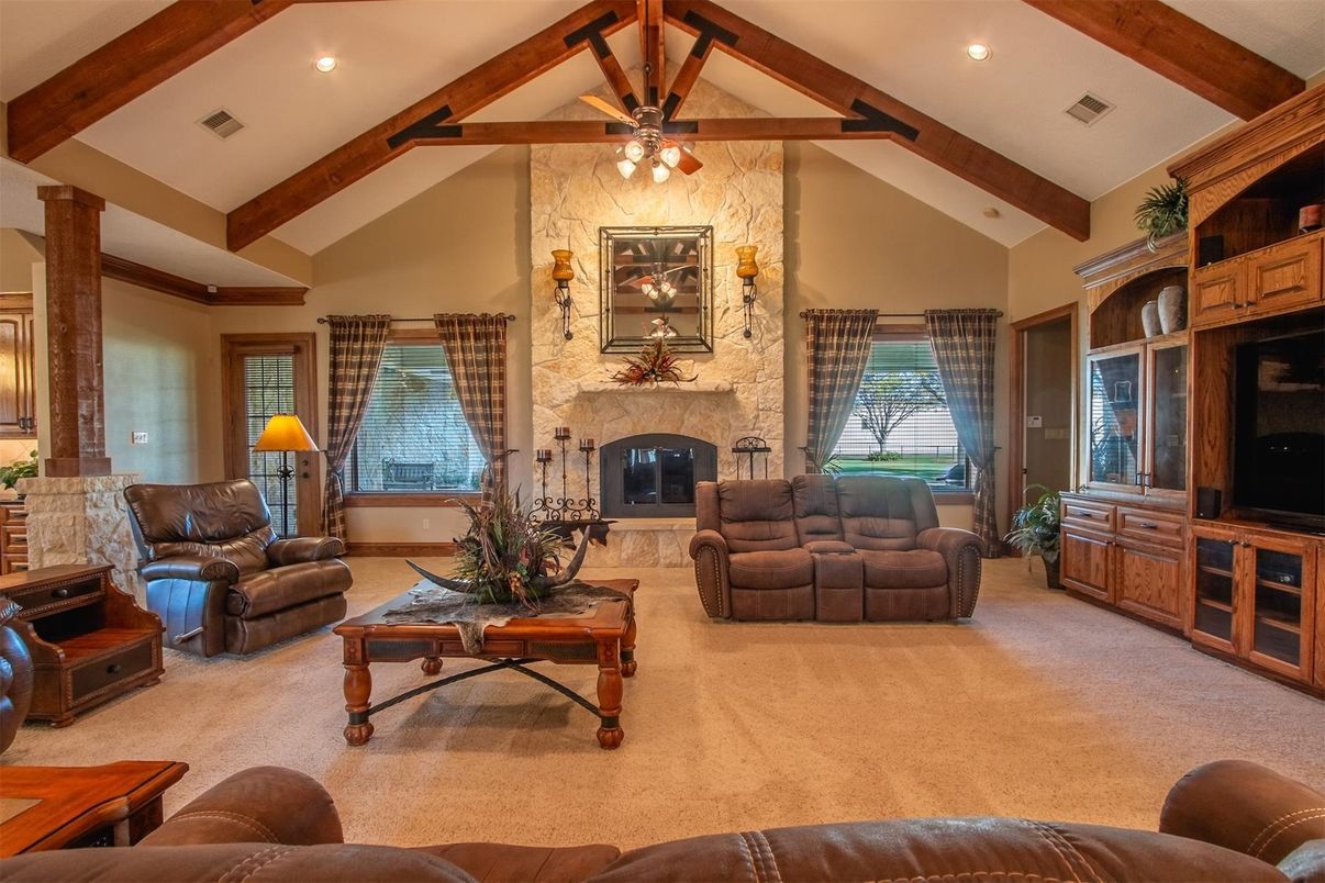 Fireplace, Interior, Living room, Recessed Lighting, Stone Walls, Wooden Beams