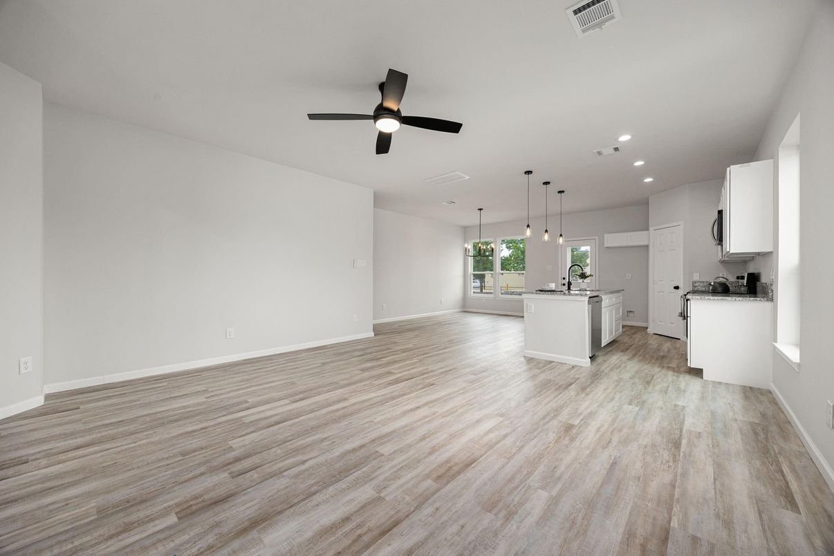 Interior, Kitchen, Pendant Lights, Recessed Lighting, Wood Texture Flooring