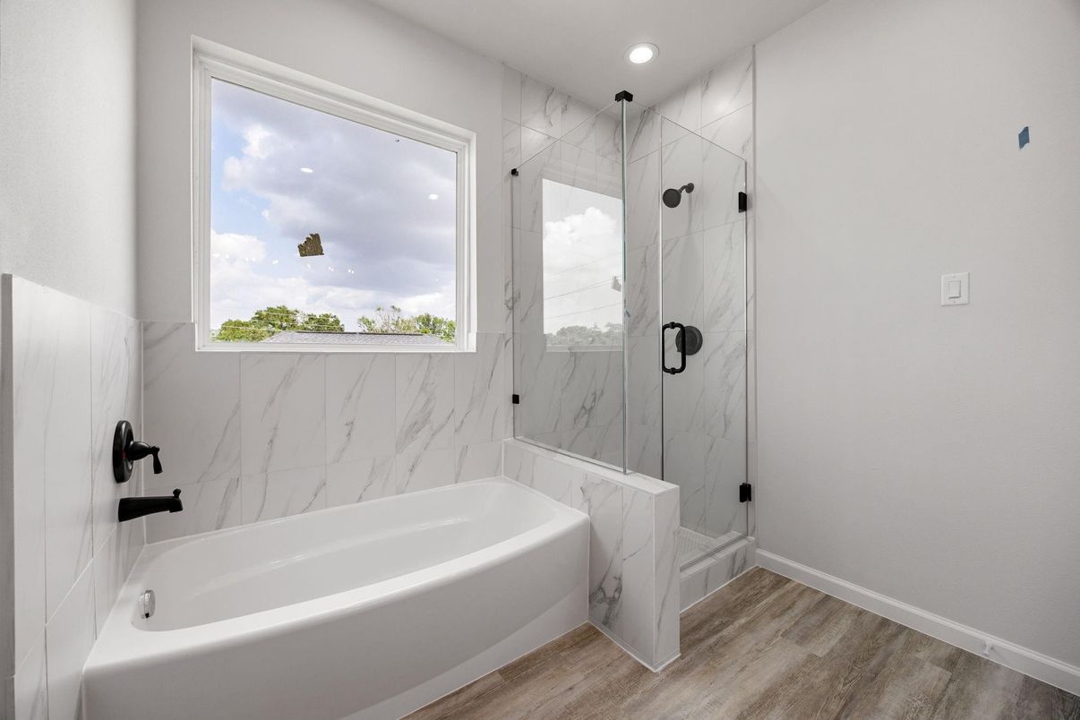 Bathroom, Interior, Marble Walls, Recessed Lighting, Wood Texture Flooring