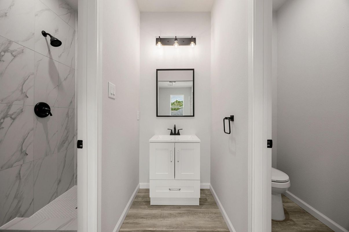 Bathroom, Interior, Marble Walls, Wood Texture Flooring