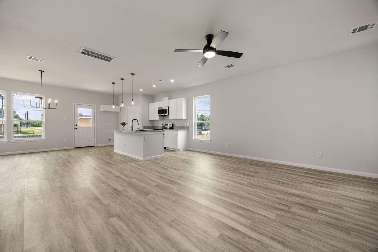 Empty room, Interior, Kitchen, Pendant Lights, Recessed Lighting, Wood Texture Flooring