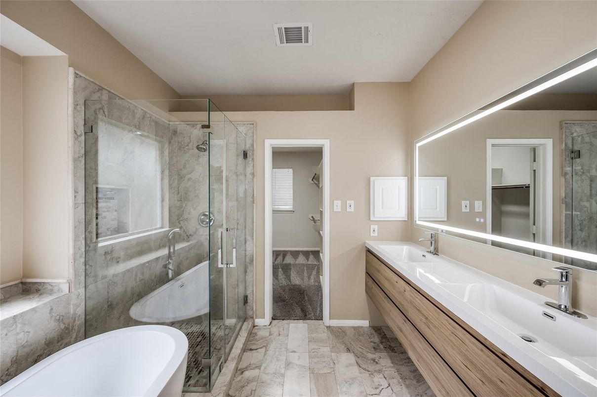 Bathroom, Dual Sink Vanities, Free Standing Baths, Glass Shower, Interior, Marble, Marble Walls