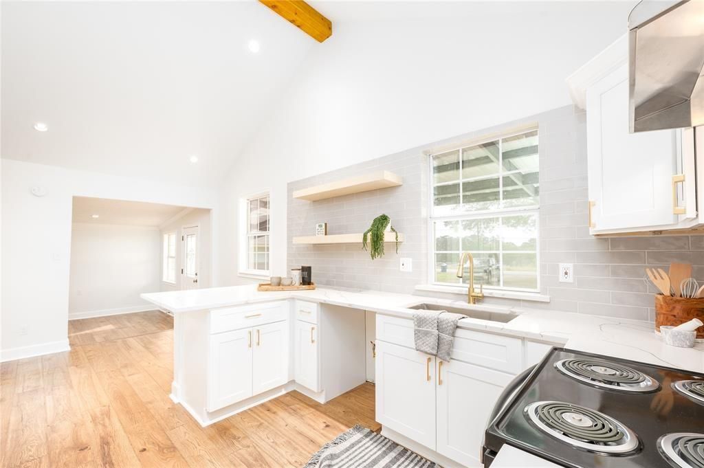 Interior, Kitchen, Recessed Lighting, Wooden Beams, Wood Texture Flooring