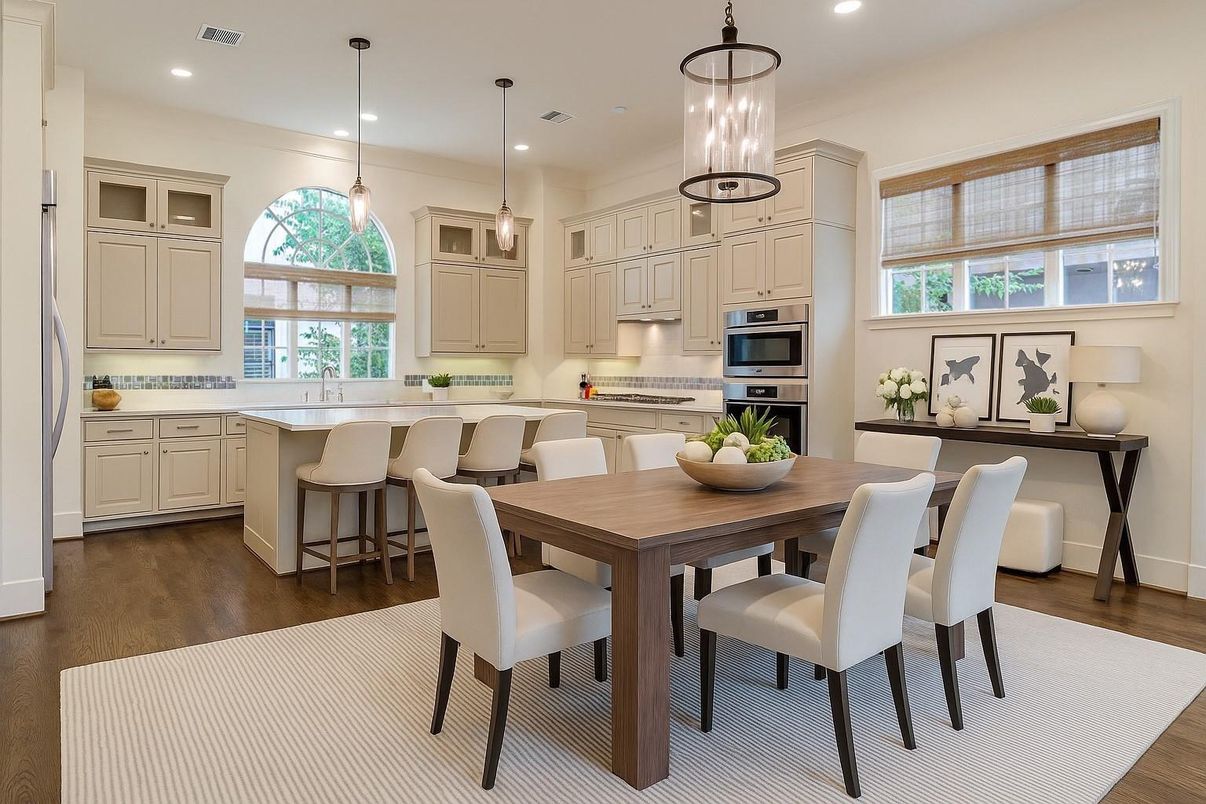 Dining room, Interior, Kitchen, Pendant Lights, Recessed Lighting, Stainless Steel Appliances, Wood Texture Flooring