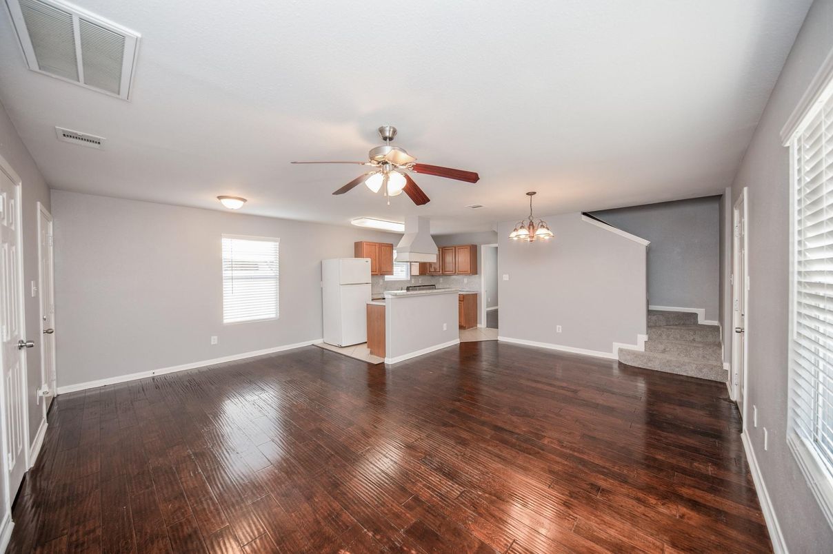 Chandelier, Empty room, Interior, Kitchen, Wood Texture Flooring