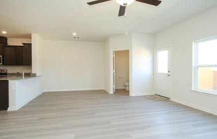 Empty room, Interior, Kitchen, Recessed Lighting, Wood Texture Flooring