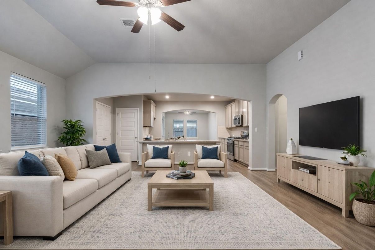 Interior, Kitchen, Living room, Recessed Lighting, Stainless Steel Appliances, Wood Texture Flooring