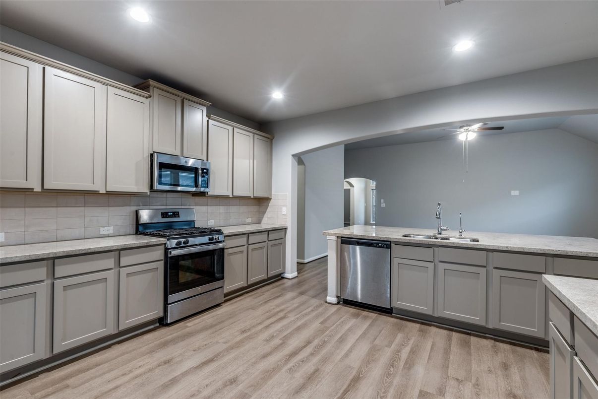 Interior, Kitchen, Recessed Lighting, Stainless Steel Appliances, Wood Texture Flooring