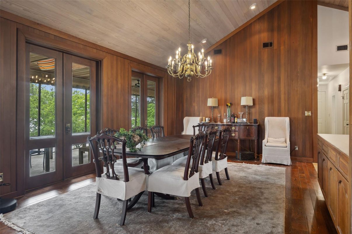 Chandelier, Dining room, Interior, Recessed Lighting, Wooden Ceilings, Wood Texture Flooring, Wooden Walls