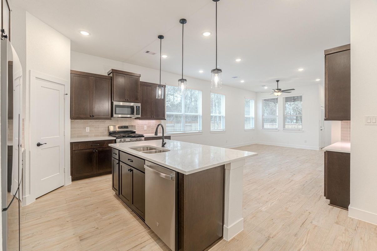 Interior, Kitchen, Pendant Lights, Recessed Lighting, Stainless Steel Appliances, Wood Texture Flooring