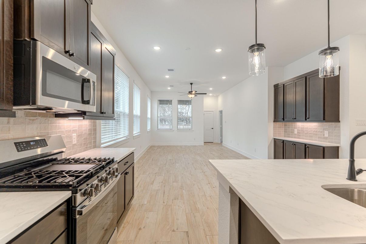 Interior, Kitchen, Pendant Lights, Recessed Lighting, Stainless Steel Appliances, Wood Texture Flooring