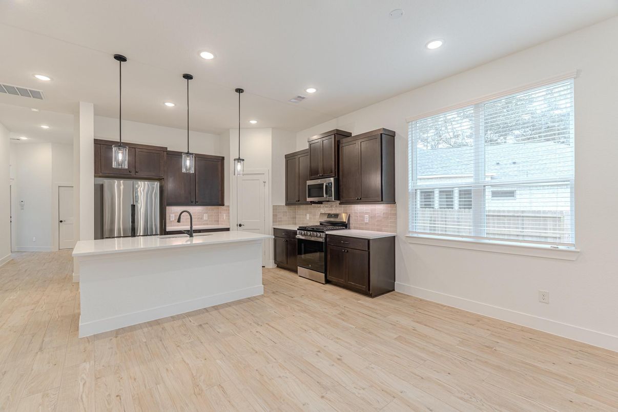 Interior, Kitchen, Pendant Lights, Recessed Lighting, Stainless Steel Appliances, Wood Texture Flooring